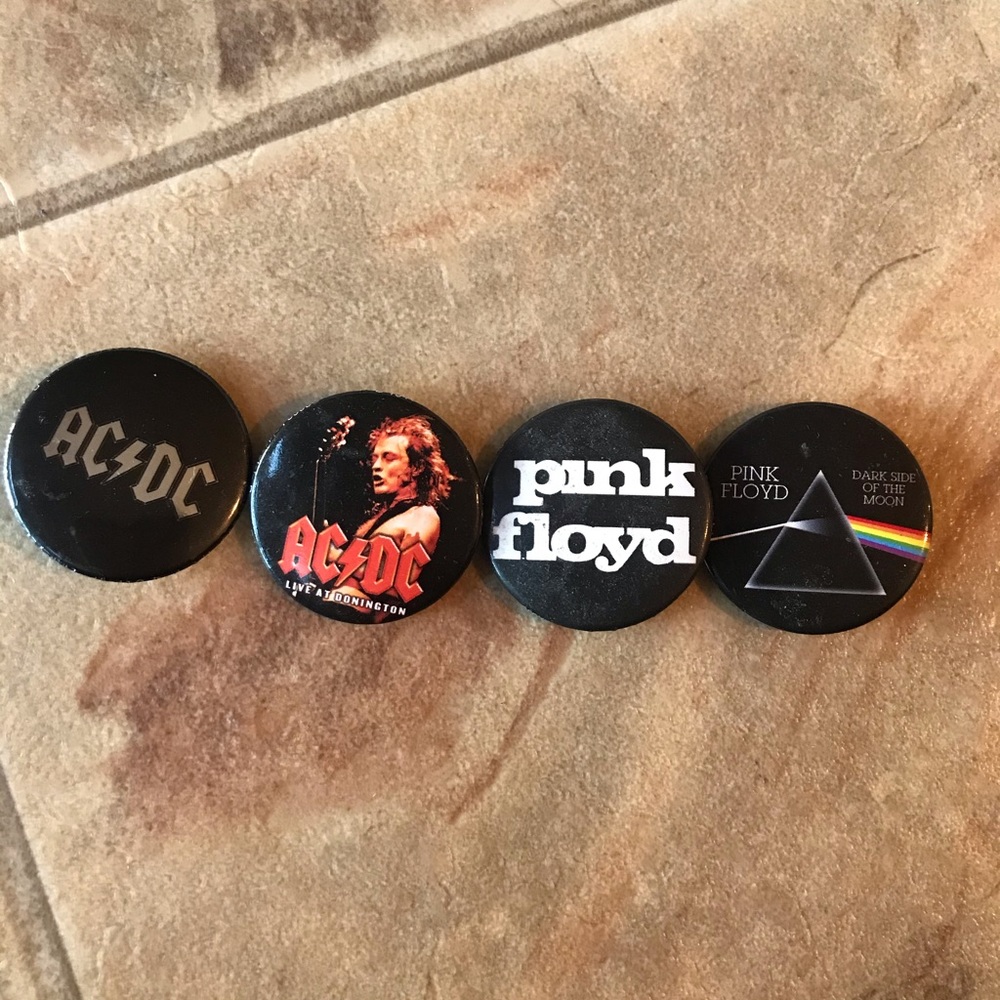 3 piece ACDC Pink Floyd rock and roll buttons